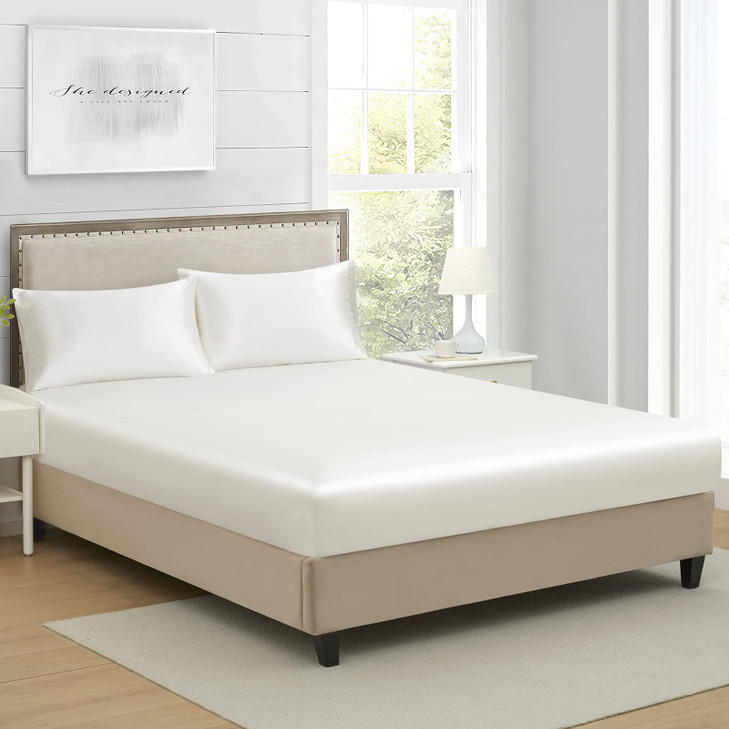 King Silk Satin Fitted Sheet, Soft Deep Pocket Single Bottom Bed Sheets Sold Separately, Wrinkle Free, Non- Fading, Breathable, Fully Elasticized(Kin