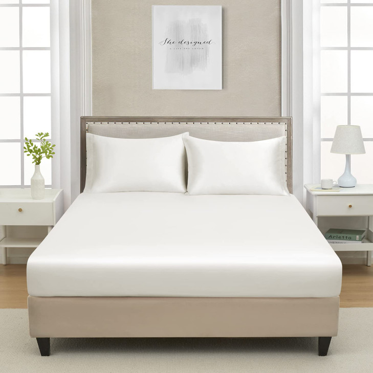 King Silk Satin Fitted Sheet, Soft Deep Pocket Single Bottom Bed Sheets Sold Separately, Wrinkle Free, Non- Fading, Breathable, Fully Elasticized(Kin