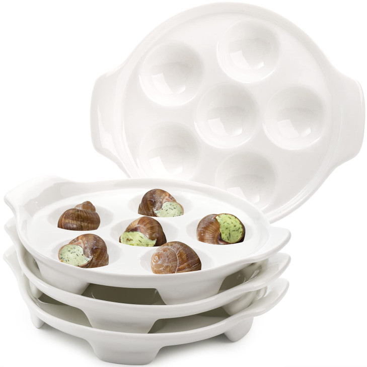 Okllen 4 Pack Ceramic Escargot Plates with 6 Holes and Handles, 6.5 Inch Seafood Snail Dish Footed Plates White Escargot Baking Dish Barbecue for Hom
