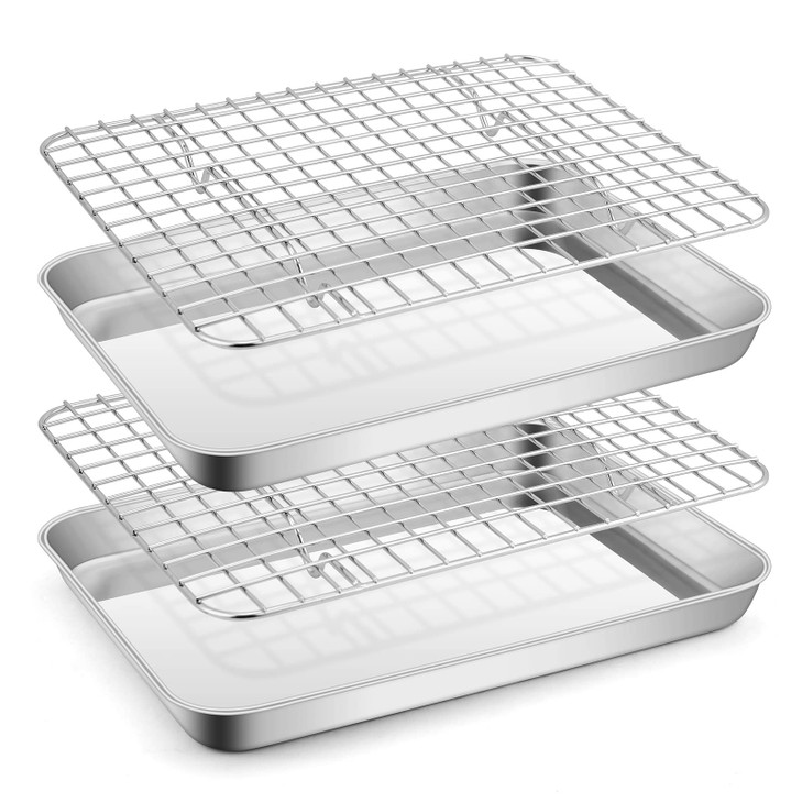 Stainless Steel Baking Sheet with Rack Set, E-far 12.4x9.7 Cookie Sheet Broiling Pan for Oven, Rimmed Metal Tray with Wire Rack for Cooking/Baking/
