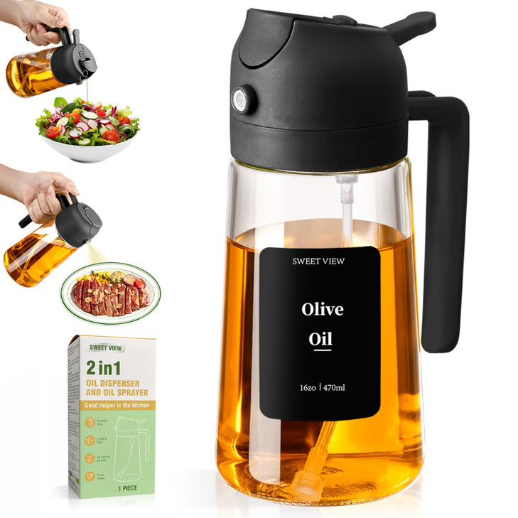 SWEET VIEW Olive Oil Sprayer for Cooking, 16oz/470ml Glass Oil Dispenser/Pour Bottle, Kitchen Accessories, Kitchen Gadgets for Air Fryer, Salad, BBQ,