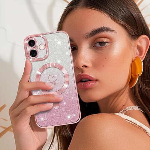 NITITOP Compatible with iPhone 16 Plus Case Cute Clear Glitter [Compatible for MagSafe] Plating Heart Sparkle Bling Magnetic Girl Women Electroplated