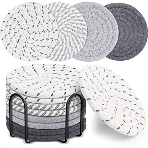 Mckanti 8 Pcs Drink Coasters with Holder, 4 Colors Absorbent Coasters, Minimalist Cotton Woven Coaster Set for Living Room Decor, Tabletop Protection