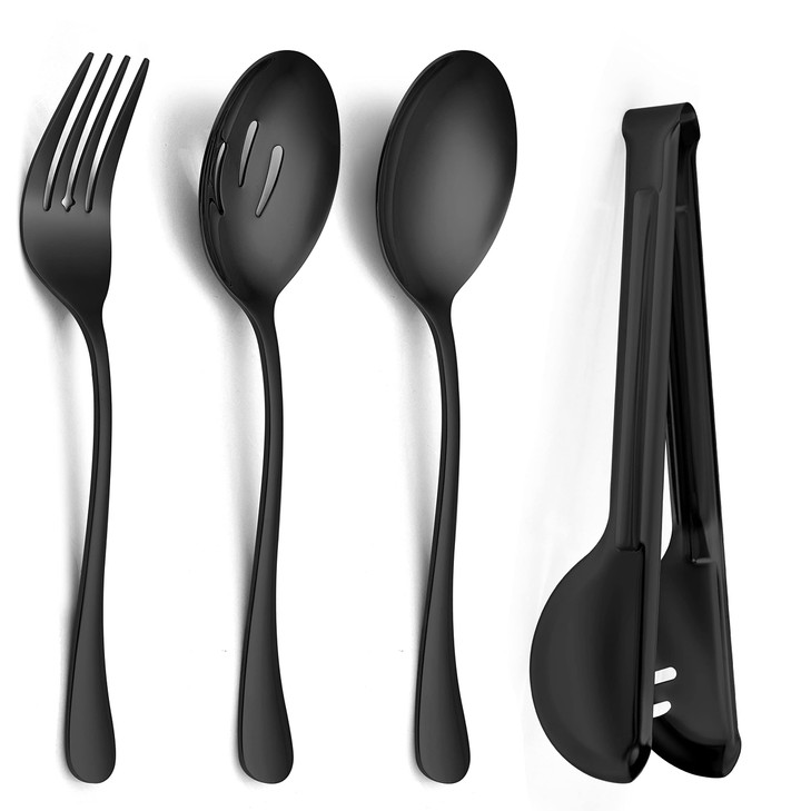 Large Black Serving Utensils Set of 8, E-far Stainless Steel 9.8 Inch Serving Spoon Slotted Spoon, 9.9 Inch Fork, 9.4 Inch Tong for Buffet Catering,