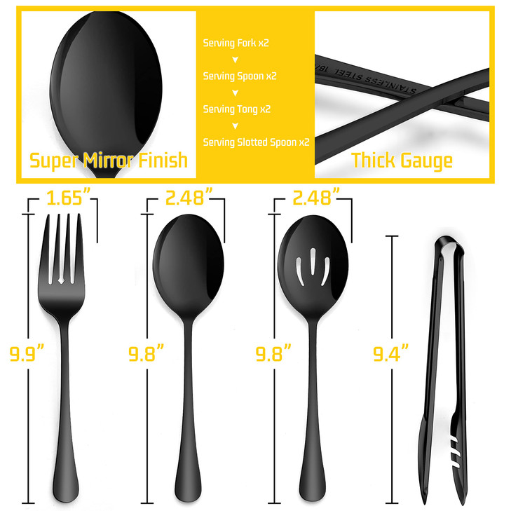 Large Black Serving Utensils Set of 8, E-far Stainless Steel 9.8 Inch Serving Spoon Slotted Spoon, 9.9 Inch Fork, 9.4 Inch Tong for Buffet Catering,
