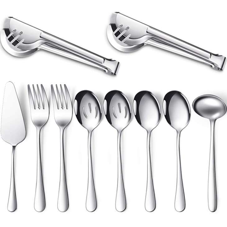 Patelai Serving Utensils Set Include Stainless Steel Large Spoons Slotted Spoons Forks Tongs Soup Ladle and Pie Server for Parties Buffet Catering, D
