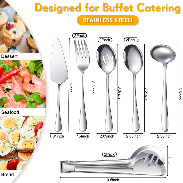 Patelai Serving Utensils Set Include Stainless Steel Large Spoons Slotted Spoons Forks Tongs Soup Ladle and Pie Server for Parties Buffet Catering, D