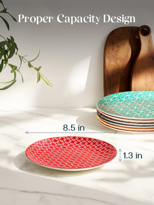 DOWAN 8.5" Salad Plates Set of 6, Ceramic Dessert Plate for Appetizer, Sushi, Microwave, Oven & Dishwasher Safe, Colorful Design Perfect for Party, W