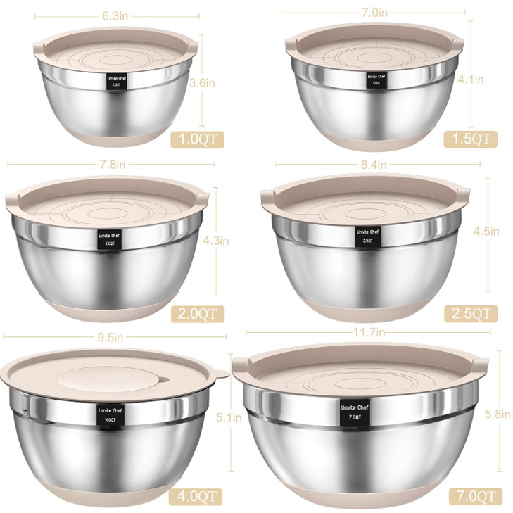 Mixing Bowls with Airtight Lids Set, 26PCS Stainless Steel Khaki Bowls with Grater Attachments, Non-Slip Bottoms & Kitchen Gadgets Set, Size 7, 4, 2.