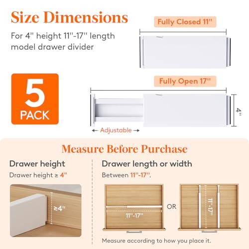 Lifewit 5 Pack 4" High Drawer Dividers 28-43.5cm/11-17" Adjustable Drawer Organizer for Clothes/Utensils, Expandable Drawer Separator in Dresser/Kitc