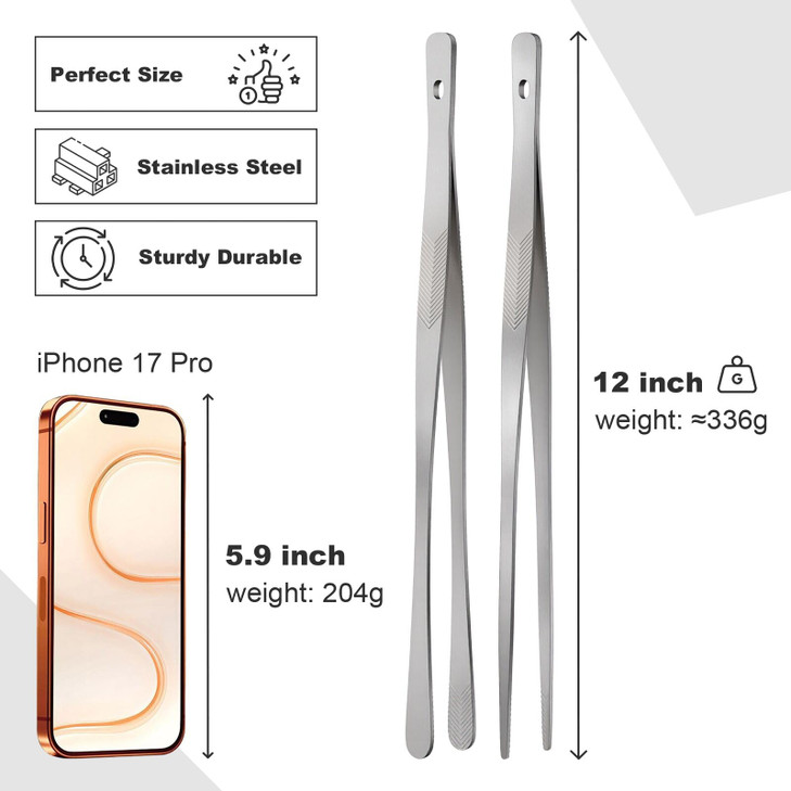Vaincre 4PCS Kitchen Tongs Tweezers for Cooking, 12" Metal Kitchen Utensils, Stainless Steel Fine Cooking Tweezers Tongs with Precision Serrated Tips