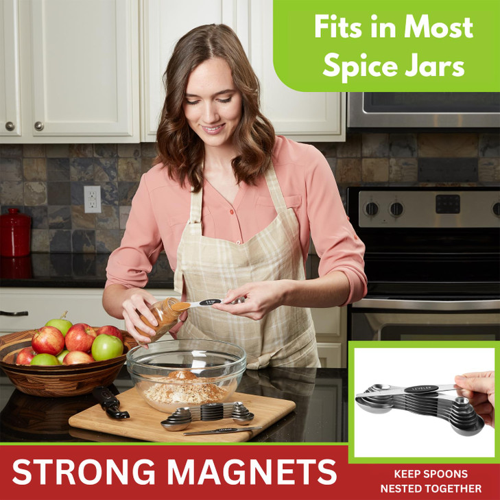 Spring Chef Stainless Steel Magnetic Measuring Spoons Set with Strong N45 Magnets, Heavy Duty Metal Kitchen Gadgets for Baking & Cooking, Fits in Mos