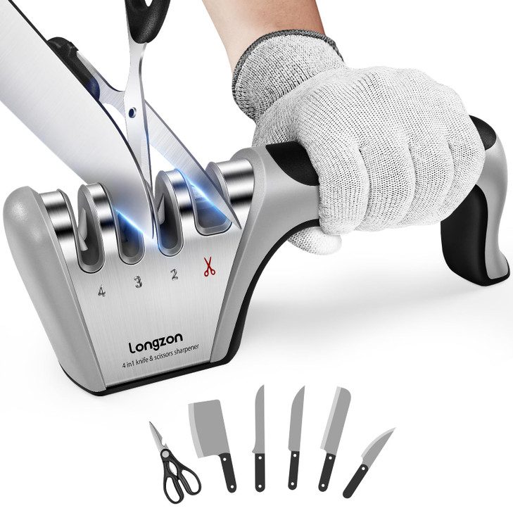 Longzon 5-in-1 Knife Sharpener 4 Stage with Cut-Resistant Glove, Quickly Sharpens & Restores Dull Blades, Easy & Safe for Home Kitchen Use, Fits Most