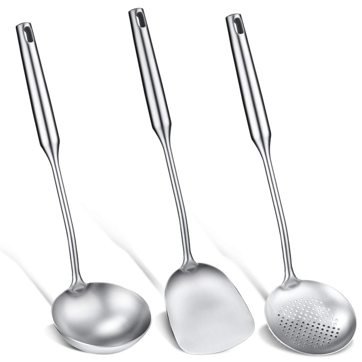 Patelai 3pcs Stainless Steel Wok Spatula and Ladle Set 304 Stainless Steel Cooking Wok Utensils Set Metal Skimmer Tool Kit for Carbon Cooking and Bak