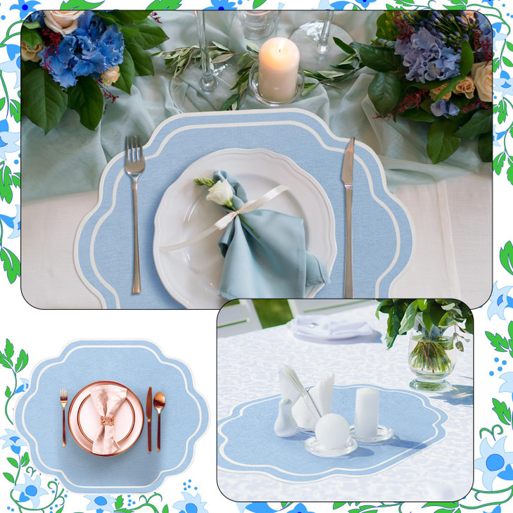 Breling Wedding Placemats Scalloped Embroidered Cotton Linen Placemats 17" x 13" Double Layered Machine Washable Table Place Mat for Party Table Deco