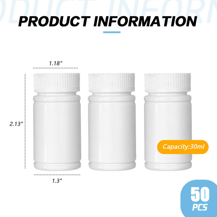 50PCS White Empty Solid Plastic Bottle Case Holder Container Vials Box with Screw Cap for Powder Sample Storage (30ml/1oz)