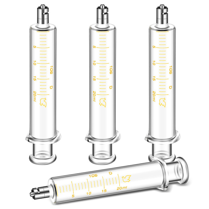 TrelaCo 4 Pack 20ml Reusable Glass Syringe with No Needle, Measurement and Dispensing Syringe Tools for Liquid Measuring, Feeding Pets, Oil or Glue A