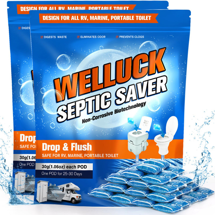 WELLUCK 50 Packs RV Black Tank Treatment Drop Ins, Black Tank Deodorizer for RV, Camping Tank Cleaners Chemicals, MAX Supplement kit for 50 Week, Pin