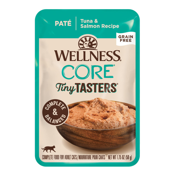 Wellness CORE Tiny Tasters Pate Adult Wet Cat Food, Natural, Protein Rich, Grain Free, Tuna and Salmon Recipe, 1.75 oz, Pack of 12 Pouches
