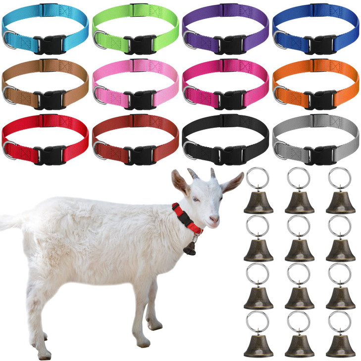 12 Sets Goat Collars with Bells Horse Sheep Grazing Cow Bells Adjustable Nylon Dog Bell Collar with Quick Release Buckle Anti Lost Pet with Copper Be