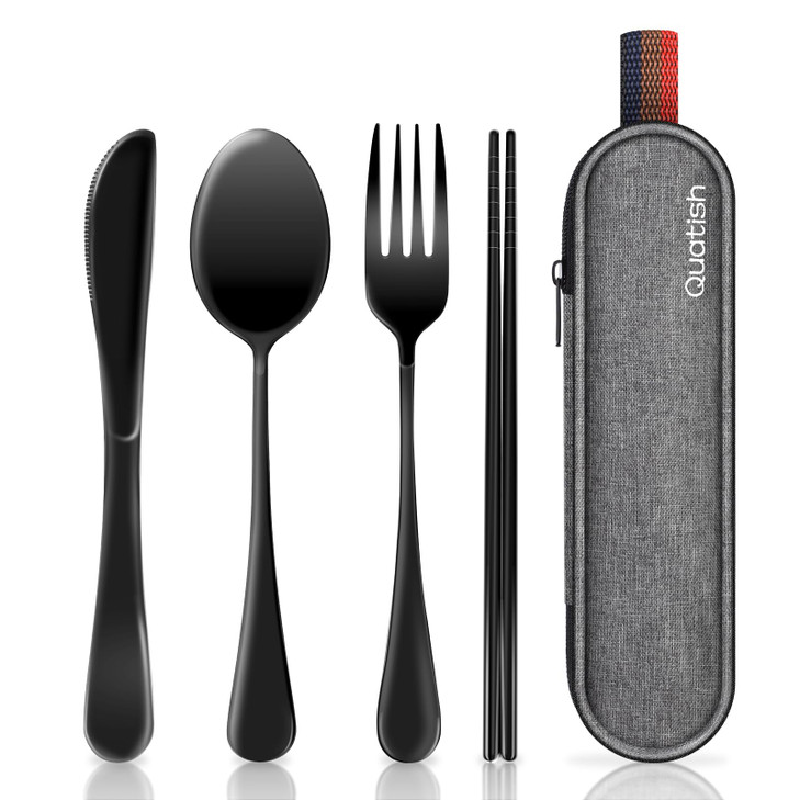 Travel Utensils with Case, Quatish Portable Silverware Set for Work, Stainless Steel Reusable Travel Cutlery Set, Fork and Spoon Set for Camping, Pic