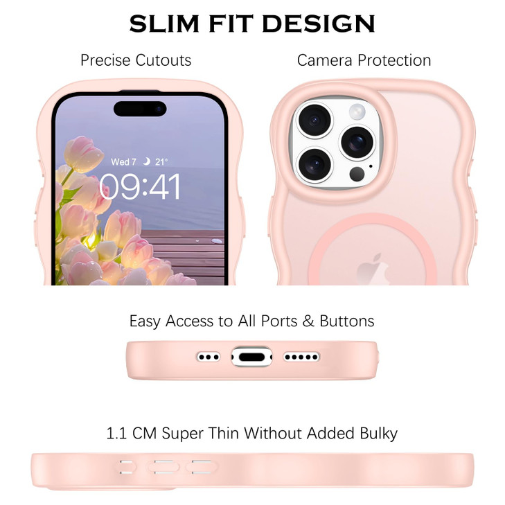 YINLAI Case for iPhone 16 Pro 6.3-Inch, Magnetic [Compatible with Magsafe] Cute Curly Wave Frame Slim Translucent Matte Supports Wireless Charging Wo