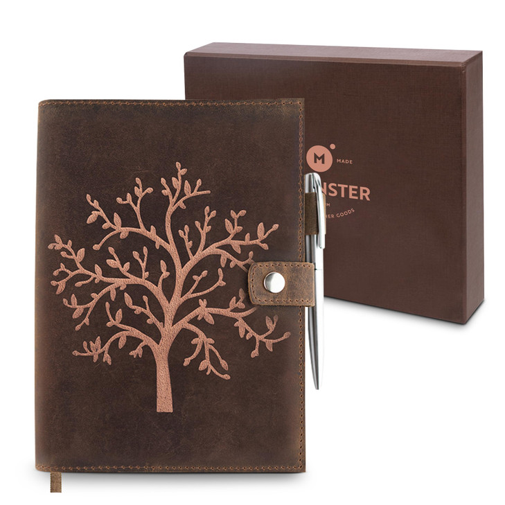 moonster Refillable Leather Journal Lined Notebook - Embossed Tree of Life, Handmade Genuine Leather Notebook for Men & Women with Pen Holder  Inclu