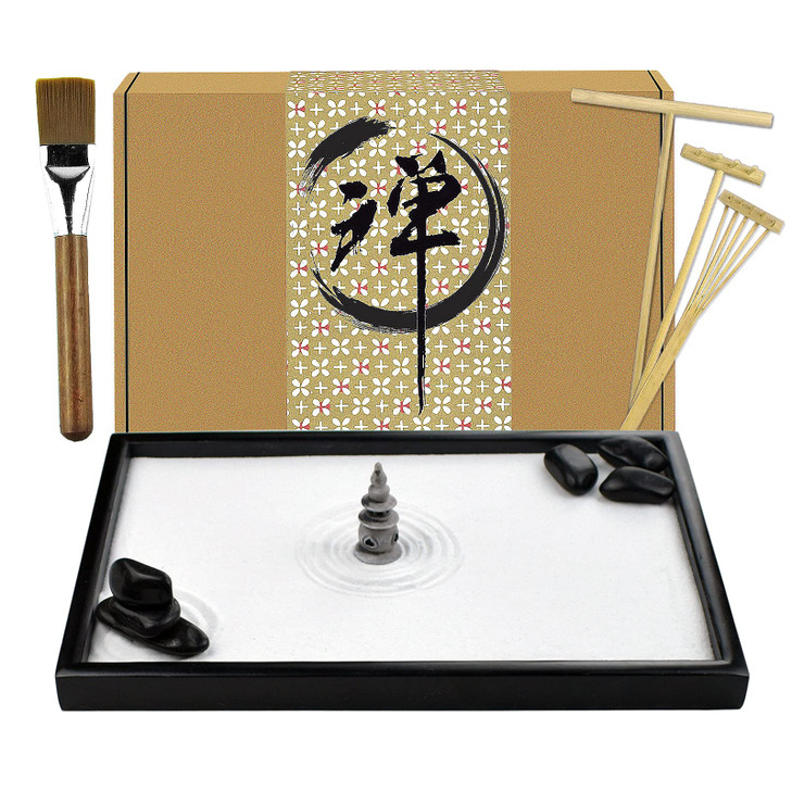 Artcome Japanese Zen Sand Garden for Desk with Rake, Stand, Rocks and Mini Furnishing Articles - Office Table Accessories, Mini Zen Sand Garden Kit -