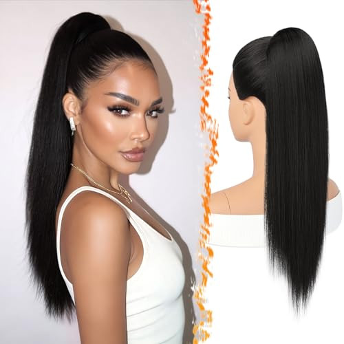 BARSDAR Black Straight Drawstring Ponytail Extension - 22 Inch Long Straight Drawstring Ponytail Extension Natural Looking Fluffy Soft Synthetic Chee