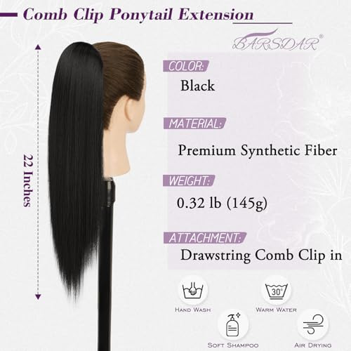 BARSDAR Black Straight Drawstring Ponytail Extension - 22 Inch Long Straight Drawstring Ponytail Extension Natural Looking Fluffy Soft Synthetic Chee