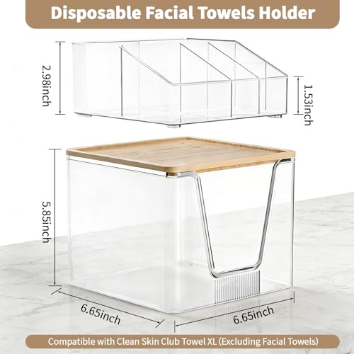 2 in 1 Disposable Facial Towel Holder and Cosmetic Organizer, Clear Storage with Bamboo Lid Compatible with Clean Skin Club Towel XL, Stackable Vanit