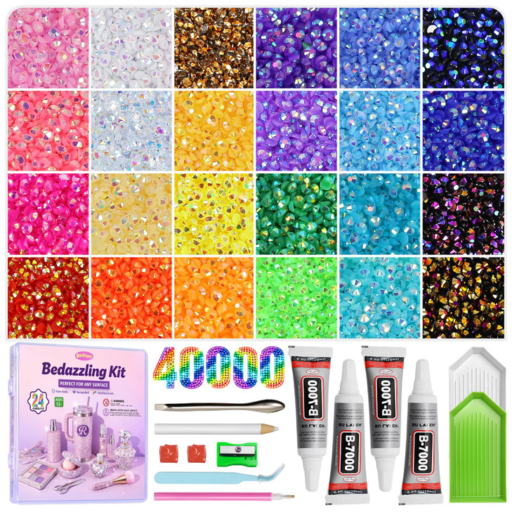 Redtwo 40000Pcs Resin Jelly Rhinestones for Bedazzling, 3mm Multicolor Flatback Rhinestones, Bedazzling Kit with 4Pcs B7000 Jewelry Glue and Tools, B