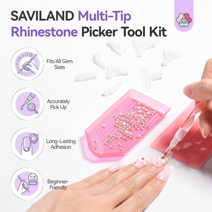 SAVILAND 4-in-1 Rhinestone Picker Tool Kit: 2Pcs Rhinestone Tool Handle Dual-Ended Applicator Pen with 12 Replacement Tips Clay All in 1 Diamond Pain