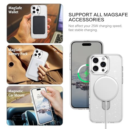 VENINGO iPhone 16 Case, Magnetic Slim Fit MagSafe Car Mount Supported Ring Holder Kickstand Plating Sparkle Glitter Not Yellow Soft TPU Shockproof Pr