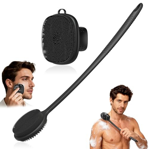 Back Scrubber for Shower & Face Scrubber, 2Pcs Silicone Exfoliating Brush Set with 17In Long Handle, Soft Body & Facial Cleansing Scrubber for Men Wo