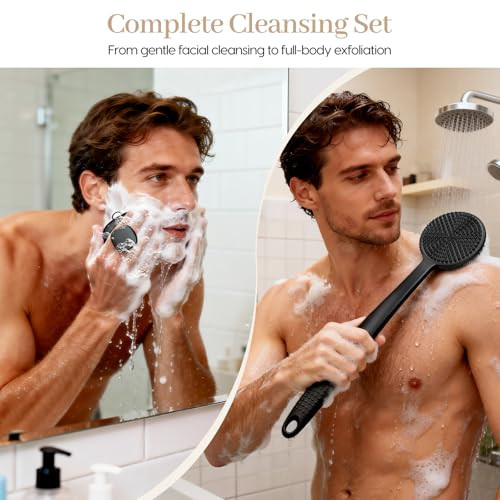 Back Scrubber for Shower & Face Scrubber, 2Pcs Silicone Exfoliating Brush Set with 17In Long Handle, Soft Body & Facial Cleansing Scrubber for Men Wo