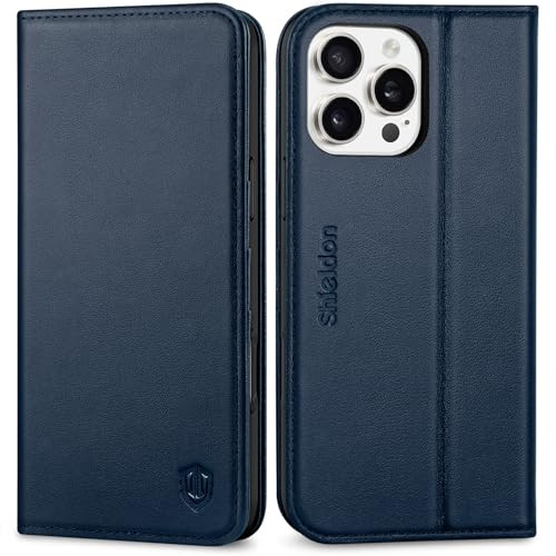 SHIELDON Case for iPhone 16 Pro Max 6.9", Genuine Leather Wallet with Kickstand RFID Blocking Card Slot Magnetic Shockproof Cover Men Women Compatibl