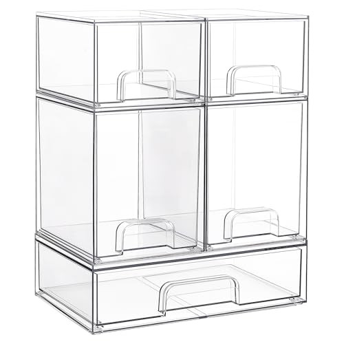 Vtopmart Stackable Storage Drawers Set of 5, Clear Plastic Organizer Bins for Baby Bottle, Beauty Supplies Storage, Ideal for Kichen Countertop, Vani