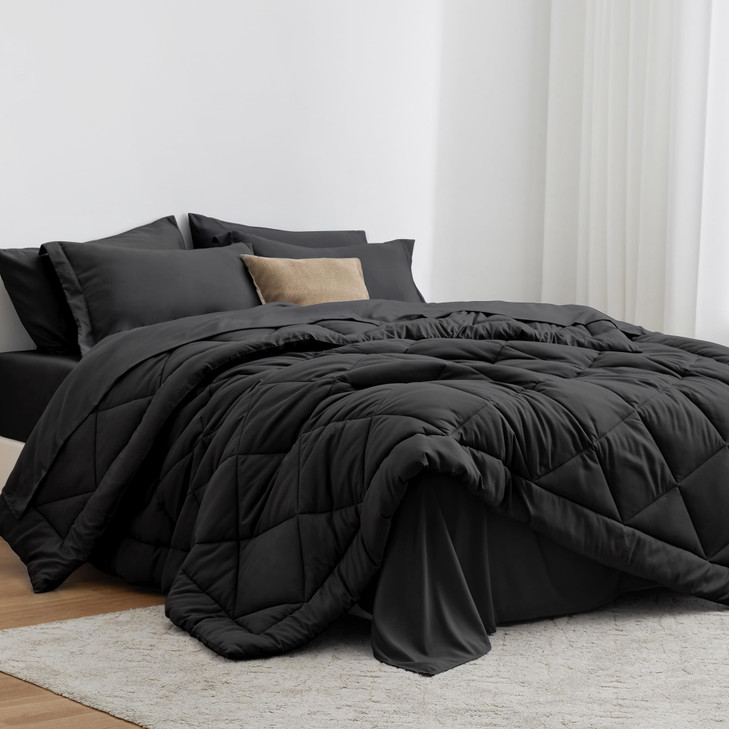 Love's cabin King Size Comforter Set Black, 7 Pieces King Bed in a Bag, All Season Bedding Sets with 1 Comforter, 1 Flat Sheet, 1 Fitted Sheet, 2 Pil