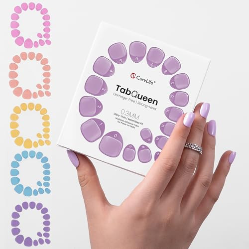 CurvLife TabQueen Extra Strong Press On Nail Adhesive Tabs, 10 Sheets 180PCS 18 Sizes, Strong Hold Nail Glue Stickers, 0.3mm Ultra-Thin Sticky Tabs,