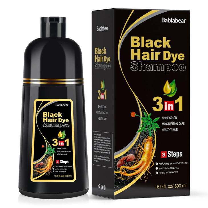 Bablabear Black Hair Dye Shampoo for Gray Hair, Semi-Permanent Hair Color Shampoo for Women and Men, Herbal Ingredients, 3 in 1 100% Grey Coverage.La