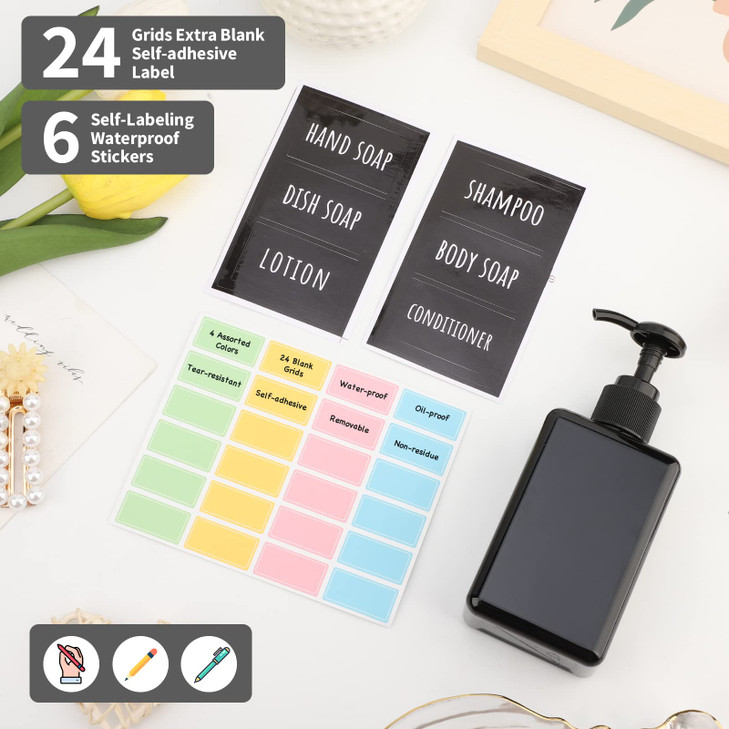 Segbeauty 4pcs Square Lotion Dispenser, 6.8oz Empty Shampoo Pump Bottles Small with Labels, 200ml Refillable Portable Plastic Press Bathroom Shower D