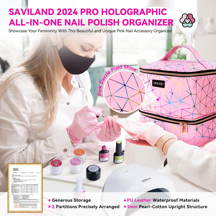 SAVILAND Nail Polish Organizer Bag: PU Leather Nail Polish Storage Organizer Holds 30 Bottles & Nail Lamp, Nail Polish Holder Travel Carrying Case Bo