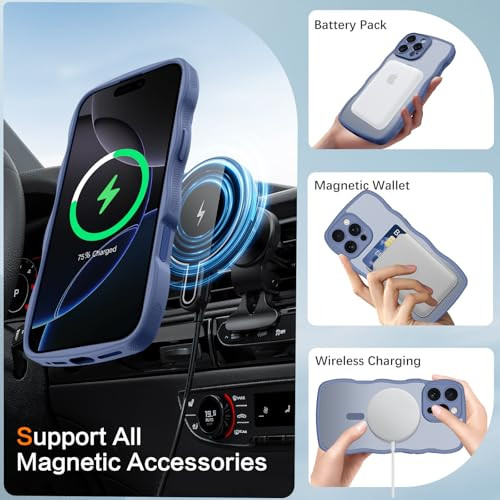 BENTOBEN Magnetic for iPhone 16 Pro Case [Compatible with Magsafe] Curly Wave Frame Translucent Matte Anti-Slip Shockproof Protective Women Girls Men