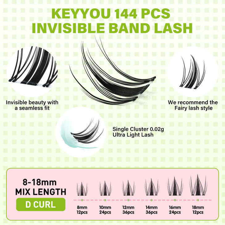 KEYYOU Fairy Lash Clusters 144Pcs D Curl Manga Lash Extension Eyelash Extension Wispy Natural Invisible Band Lash with Waterproof DIY Lash Extension