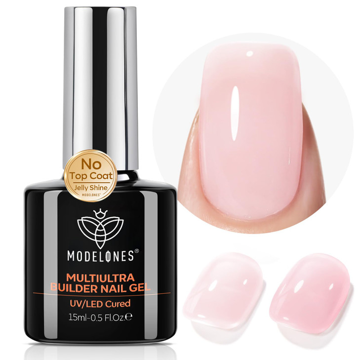 modelones Builder Nail Gel,No Top Coat Needed Builder for Nails Cover Nude, C-Curve Sculpting, Glossy Jelly Finish Nude Pink, No-Wipe, 9-in-One LED L
