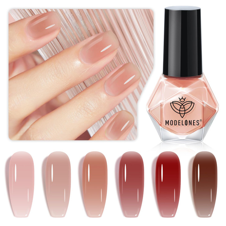 modelones Jelly Nail Polish 6 Colors, Sheer Nude Mini Nail Polish Set Red Pink Brown Quick Dry Spring Summer Fingernail Polish for DIY Nail Art Salon