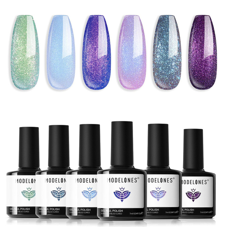 modelones Gel Nail Polish Set- 6 Colors 2026 Easter Chameleon Aurora Shimmer Glitter Gel Polish Kit Blue Green Purple Nail Gel Polish Soak Off LED Na