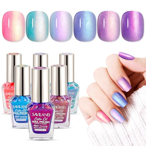 SAVILAND 6pcs Ombre Nail Polish Sets: Charm Pink Blue Gold Purple Pearl Summer Fingernail Polish Colors Air Quick Dry Nail Polish Plant-base Castor O