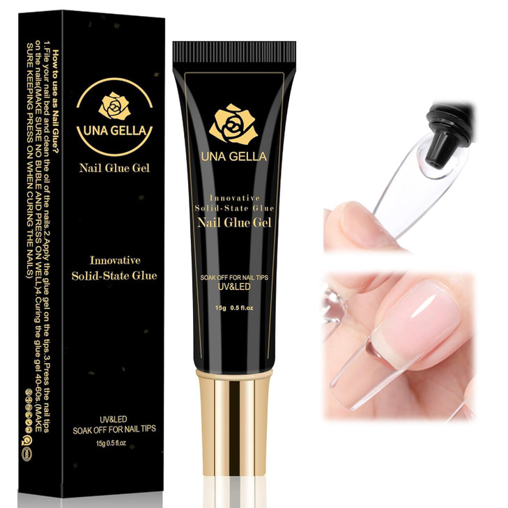 UNA GELLA Solid Nail Glue Gel 15ml Lamp Curing Needed Solid Soak Off U V/LED Lamp Required Super Strong Glue for Fake Acrylic Soft Gel Nail Tips Pres